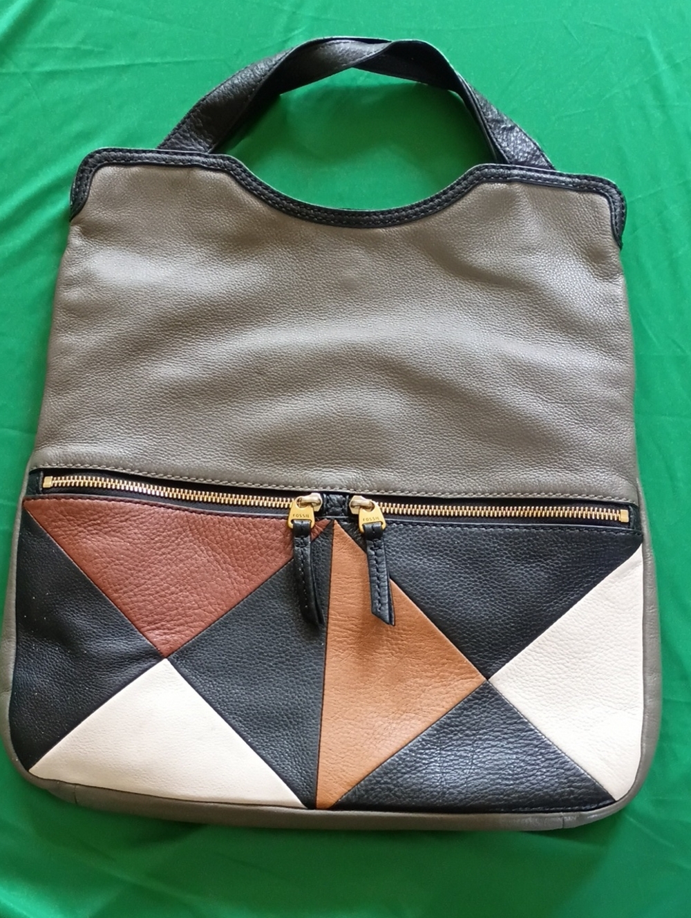 Fossil Gray Leather Tote with Black, Brown, Tan & Cream Color-Block Front